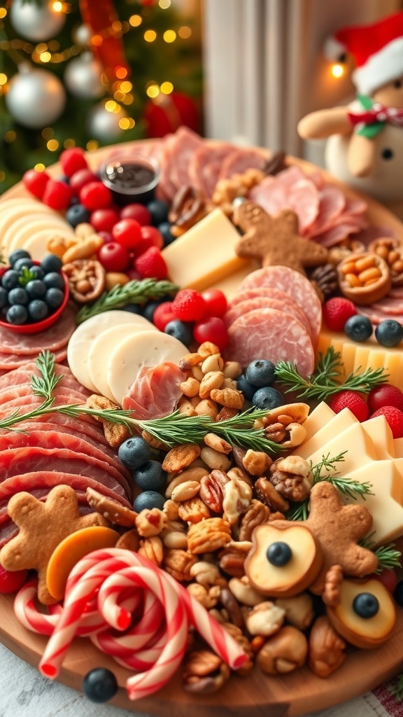 Festive Christmas Charcuterie Board Treats A festive charcuterie board featuring meats, cheeses, fruits, nuts, and holiday treats, perfect for Christmas gatherings.